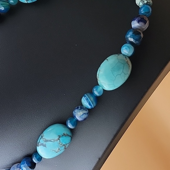 640 Cts Natural Turquoise & Blue Faceted Onyx Beaded Boho Gemstone Necklace - Picture 6 of 10